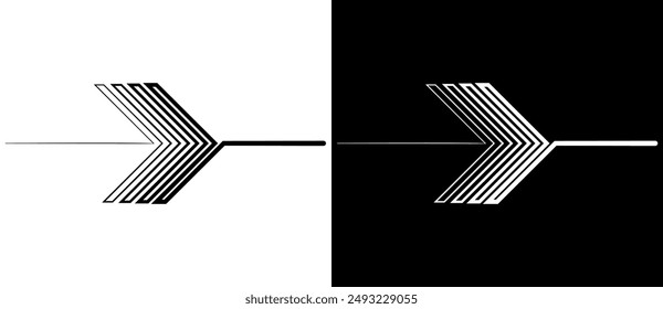 Arrow art lines vector illustration. Black shape on a white background and the same white shape on the black side.