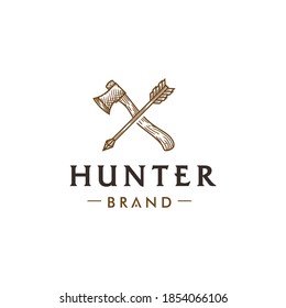 arrow and axe classic drawing logo design illustration vector, hipster vintage tool template logo for artisan