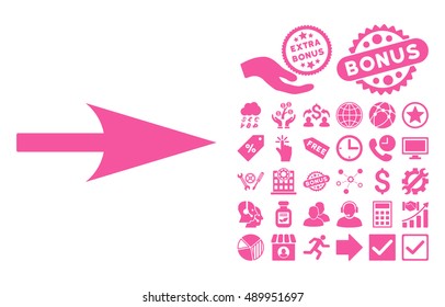 Arrow Axis X icon with bonus pictogram. Vector illustration style is flat iconic symbols, pink color, white background.