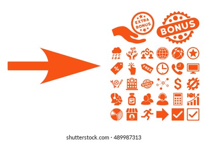 Arrow Axis X icon with bonus clip art. Vector illustration style is flat iconic symbols, orange color, white background.