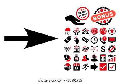 Arrow Axis X pictograph with bonus elements. Vector illustration style is flat iconic bicolor symbols, intensive red and black colors, white background.