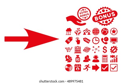 Arrow Axis X pictograph with bonus images. Vector illustration style is flat iconic symbols, red color, white background.