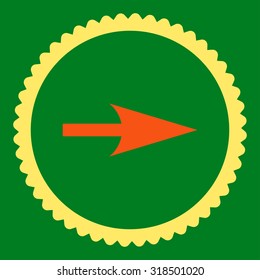 Arrow Axis X round stamp icon. This flat vector symbol is drawn with orange and yellow colors on a green background.