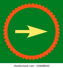 Arrow Axis X round stamp icon. This flat vector symbol is drawn with orange and yellow colors on a green background.