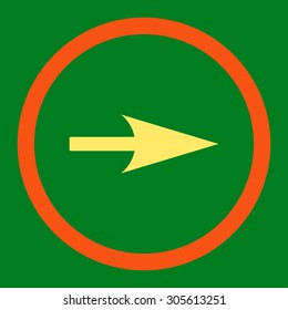 Arrow Axis X vector icon. This rounded flat symbol is drawn with orange and yellow colors on a green background.