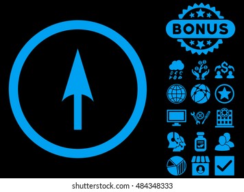 Arrow Axis Y icon with bonus design elements. Vector illustration style is flat iconic symbols, blue color, black background.