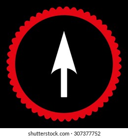 Arrow Axis Y round stamp icon. This flat vector symbol is drawn with red and white colors on a black background.