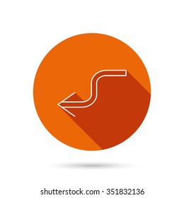 Arrow back icon. Previous sign. Left direction symbol. Round orange web button with shadow.