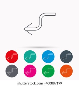 Arrow back icon. Previous sign. Left direction symbol. Linear icons in circles on white background.