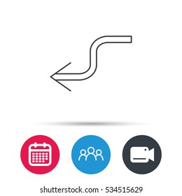 Arrow back icon. Previous sign. Left direction symbol. Group of people, video cam and calendar icons. Vector