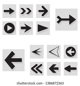 Arrow back and right icon set isolated on white background. Trendy collection of different arrow icons in flat style for web site, app and ui. Black arrows right and left template. Vector illustration
