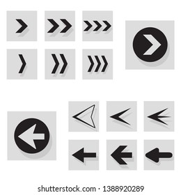 Arrow back and right icon set isolated on white background. Trendy collection of different arrow icons in flat style for web site, app and ui. Black arrows right and left template. Vector illustration