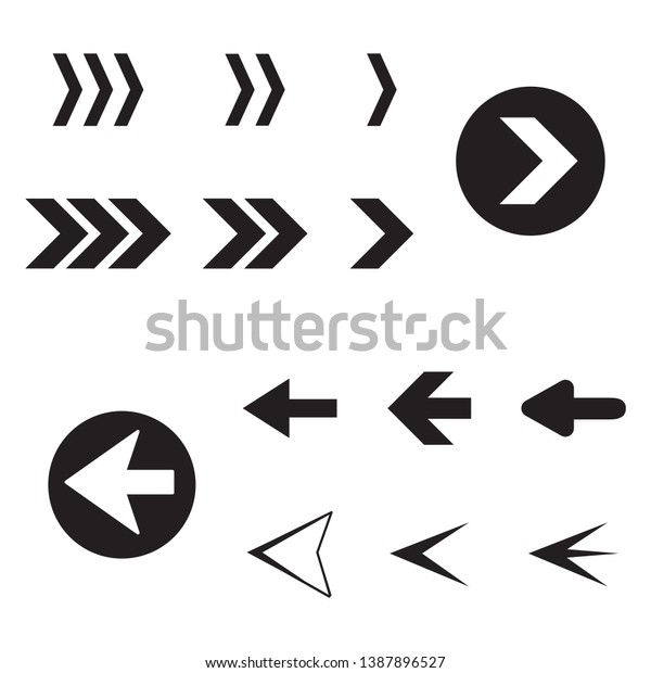 Arrow back and right icon set isolated on\
white background. Trendy collection of different arrow icons in\
flat style for web site, app and ui. Black arrows right and left\
template. Vector\
illustration