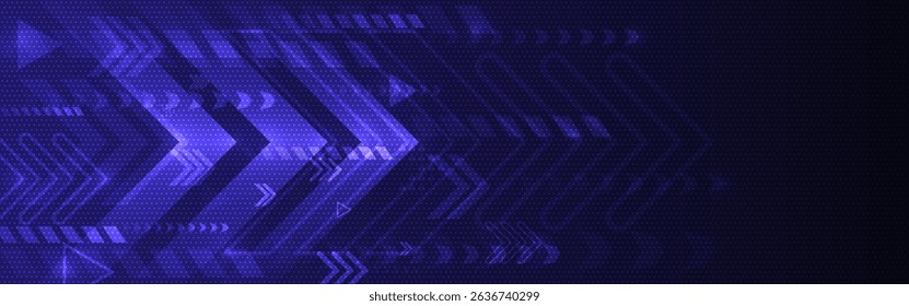 Arrow background. Futuristic technology design with glowing lines and digital patterns in dark blue. Innovation, speed or tech design concept. Vector Illustration.