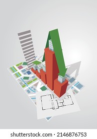 Imagen gráfica de flecha y barra de caída de precios inmobiliarios Ilustración vectorial