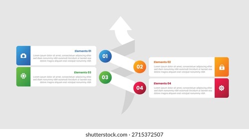 Arrow base infographic with gradient style with ribbon smooth circular with circle badge opposite arrow top direction with 4 elements stages vector