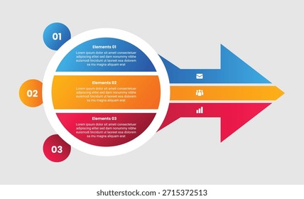 Infografía de la base de la flecha con el estilo del gradiente con el envase principal de la forma del círculo grande con la unión de la flecha con 3 etapas de los Elementos Vector