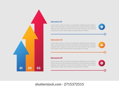 Infográfico de base de seta com estilo de gradiente com gráfico de barras com cabeçalho de seta e lista vertical empilhada com vetor de estágios de 3 elementos