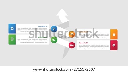 Arrow base infographic with gradient style with ribbon smooth circular with circle badge opposite arrow top direction with 4 elements stages vector