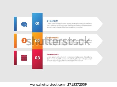 Arrow base infographic with gradient style with long rectangle box stacked list vertical with ribbon badge with 3 elements stages vector