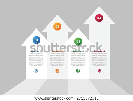 Arrow base infographic with gradient style with big arrow box container top direction with 3d shadow style with 4 elements stages vector