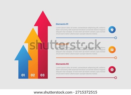 Arrow base infographic with gradient style with bar chart with arrow header and stacked vertical list with 3 elements stages vector