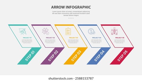 arrow base infographic outline style with 5 point template with big arrow shape combination with badge at bottom for slide presentation vector