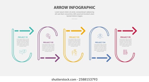 arrow base infographic outline style with 5 point template with creative open container up and down on horizontal direction for slide presentation vector