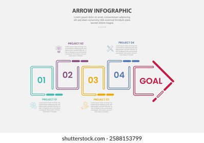 arrow base infographic outline style with 4 point template with square box container unconnected on horizontal direction for slide presentation vector