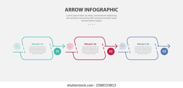 arrow base infographic outline style with 3 point template with skew round rectangle with arrow on right direction for slide presentation vector