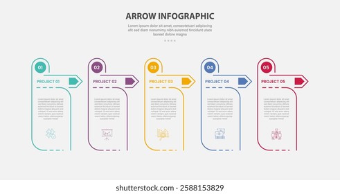 arrow base infographic outline style with 5 point template with creative table with circle and arrow header badge for slide presentation vector