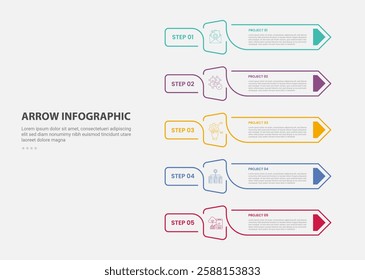 arrow base infographic outline style with 5 point template with creative arrow rectangle on stacked list vertical for slide presentation vector