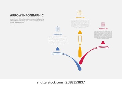 arrow base infographic outline style with 3 point template with creative line with arrow edge top direction for slide presentation vector