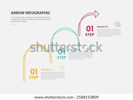 arrow base infographic outline style with 3 point template with staircase round line step by step for slide presentation vector