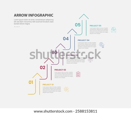 arrow base infographic outline style with 5 point template with arrow staircase ladder style for slide presentation vector