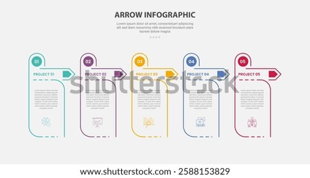 arrow base infographic outline style with 5 point template with creative table with circle and arrow header badge for slide presentation vector