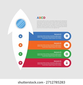 Pfeil-Basis-Form Infografik mit Farbverlauf-Stil mit großen Pfeil Rakete Schiffe mit runden Rechteck Container Box gestapelt Liste mit 4 Elemente Stadien