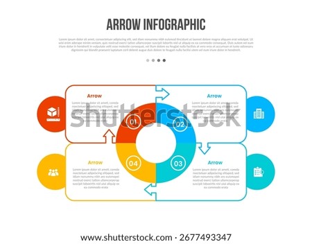 Arrow base shape infographics template diagram with big circle center and quadrant structure with 4 point step creative simple flat outline vector