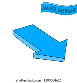 Arrow. Blue Down sign. Hand drawn sketch. Vector illustration isolated on white background