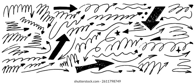 Arrow bold sketch with texture crayon chalk. Scribble hand drawn set arrow and underline black on white background. Underline crayon chalk set, Vector illustration