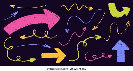 Arrow bold sketch with texture crayon chalk. Scribble hand drawn set arrow bold. Line crayon chalk set, Vector illustration