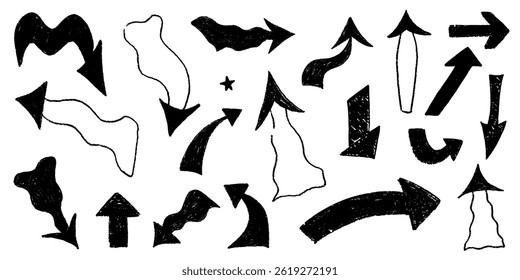 Arrow bold sketch with texture crayon chalk. Scribble hand drawn set arrow bold. Line crayon chalk set, Vector illustration