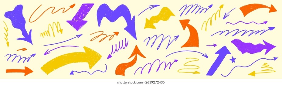 Arrow bold sketch with texture crayon chalk. Scribble hand drawn set arrow bold. Line crayon chalk set, Vector illustration