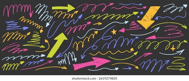 Arrow bold sketch with texture crayon chalk. Scribble hand drawn set arrow and underline. Underline crayon chalk set, Vector illustration
