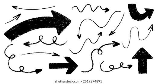 Boceto en negrita con textura de tiza de crayón. Garabato dibujado a mano conjunto flecha negrita sobre fondo blanco. Juego de tiza de crayón de línea, Ilustración vectorial