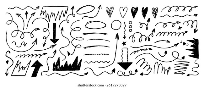 Arrow bold sketch with texture crayon chalk. Scribble hand drawn set arrow and underline black on white background. Underline crayon chalk set, Vector illustration