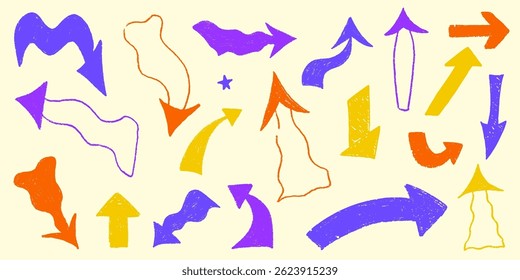 Arrow bold sketch with texture crayon chalk. Scribble hand drawn set arrow bold. Line crayon chalk set, Vector illustration
