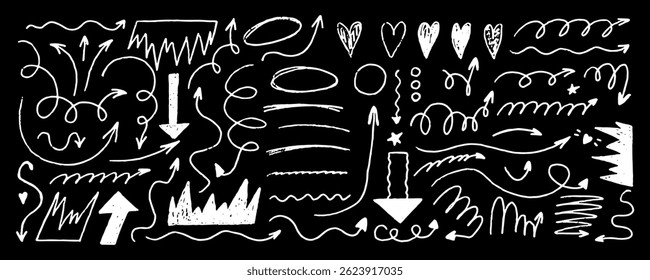 Arrow bold sketch with texture crayon chalk. Scribble hand drawn set arrow and underline. Underline crayon chalk set, Vector illustration