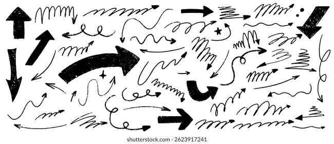 Arrow bold sketch with texture crayon chalk. Scribble hand drawn set arrow and underline. Underline crayon chalk set, Vector illustration