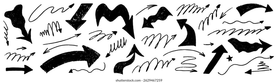 Arrow bold sketch with texture crayon chalk. Scribble hand drawn set arrow bold. Line crayon chalk set, Vector illustration
